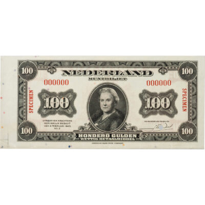 100 gulden 1943 Wilhelmina PMG 63 EPQ SPECIMEN